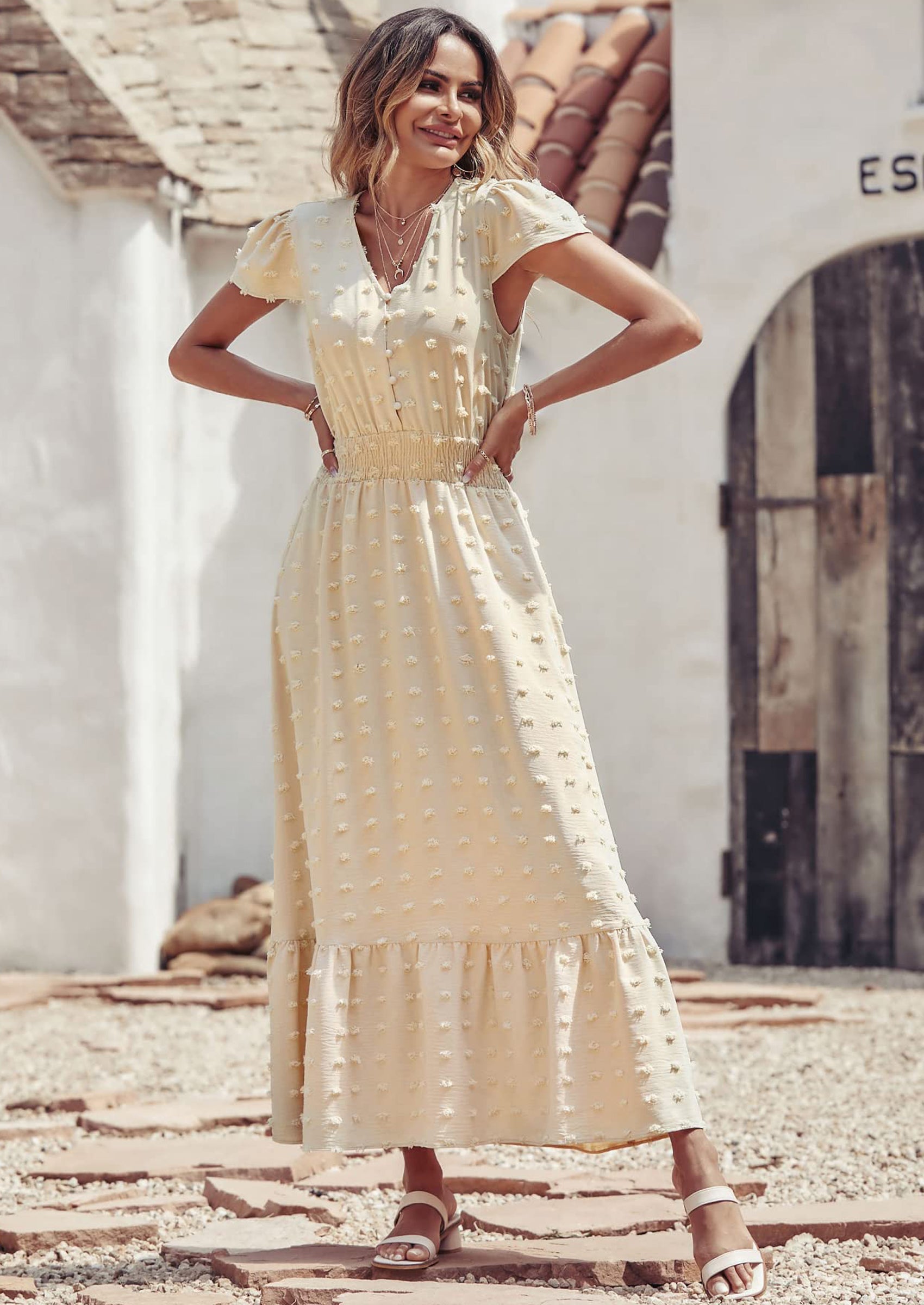 PRETTYGARDEN Womens Dresses Summer Maxi Dress Boho Short Sleeve V Neck Swiss Dot Ruffle Tiered Smocked Flowy Long Dress