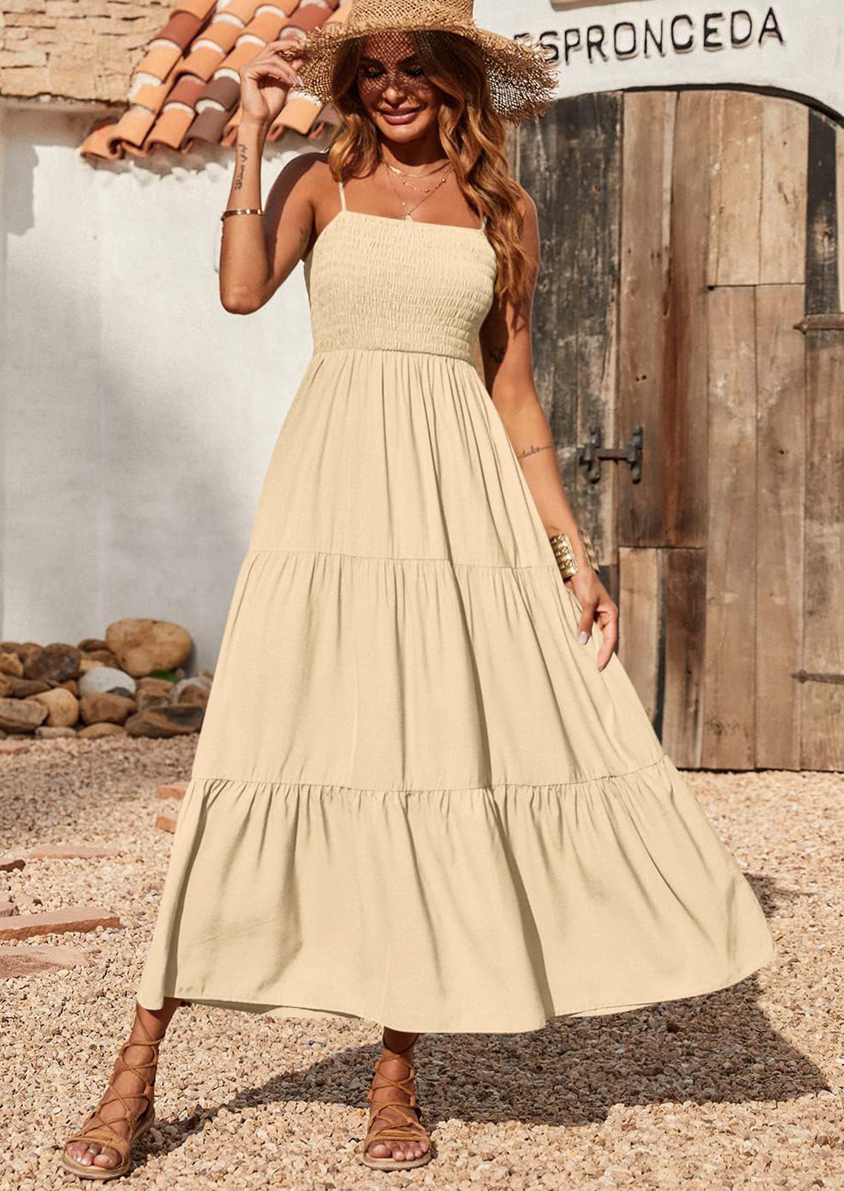 PRETTYGARDEN Women's Summer Maxi Dress Casual Boho Sleeveless Spaghetti Strap Smocked Tiered Long Beach Sundresses