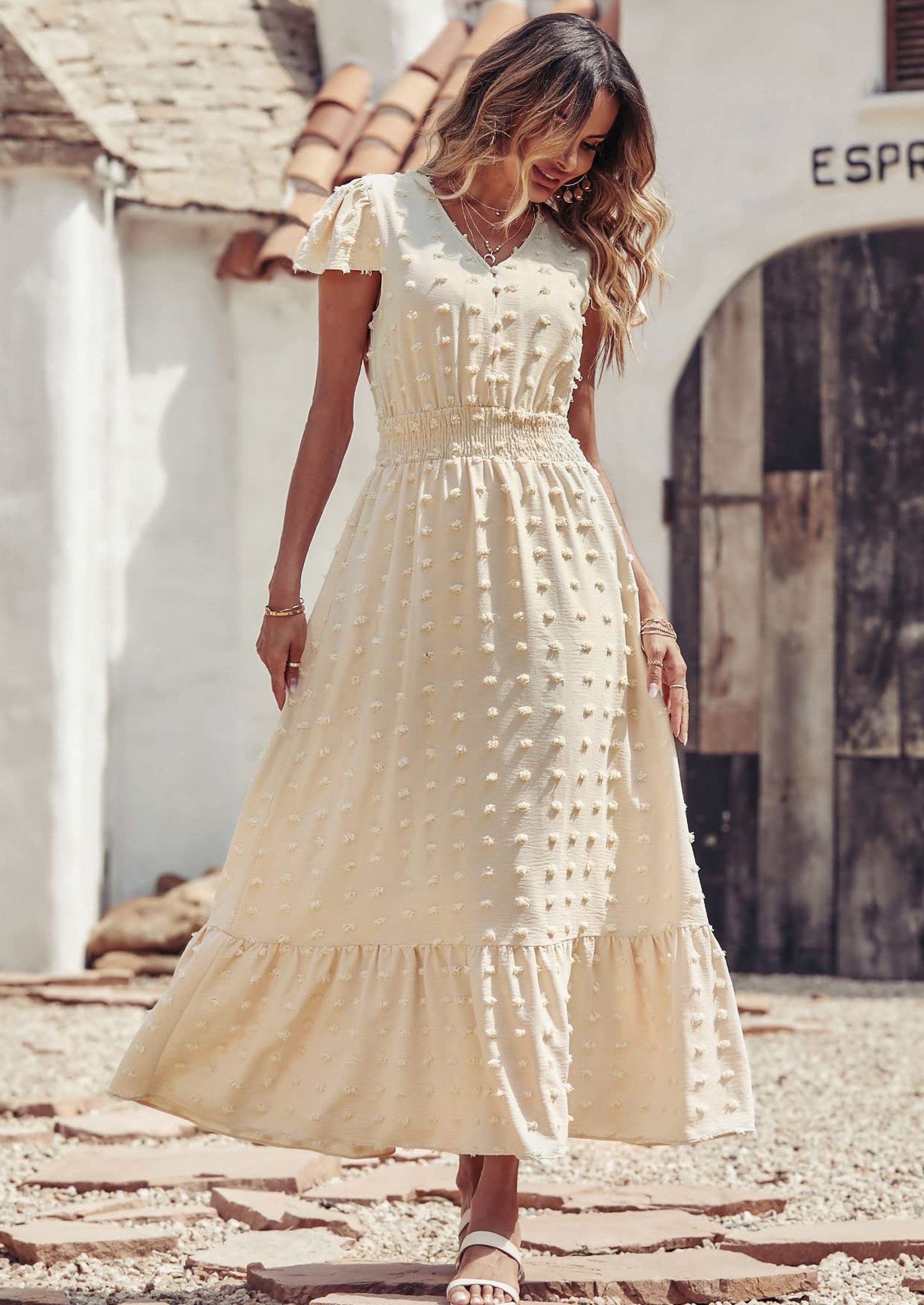PRETTYGARDEN Womens Dresses Summer Maxi Dress Boho Short Sleeve V Neck Swiss Dot Ruffle Tiered Smocked Flowy Long Dress