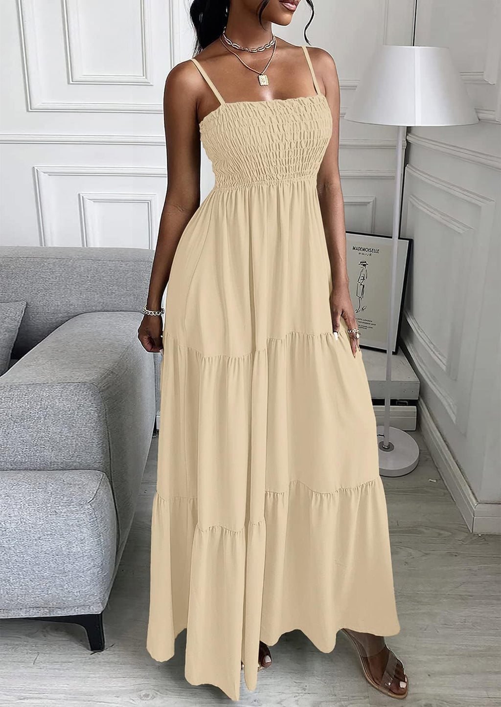 PRETTYGARDEN Women's Summer Maxi Dress Casual Boho Sleeveless Spaghetti Strap Smocked Tiered Long Beach Sundresses
