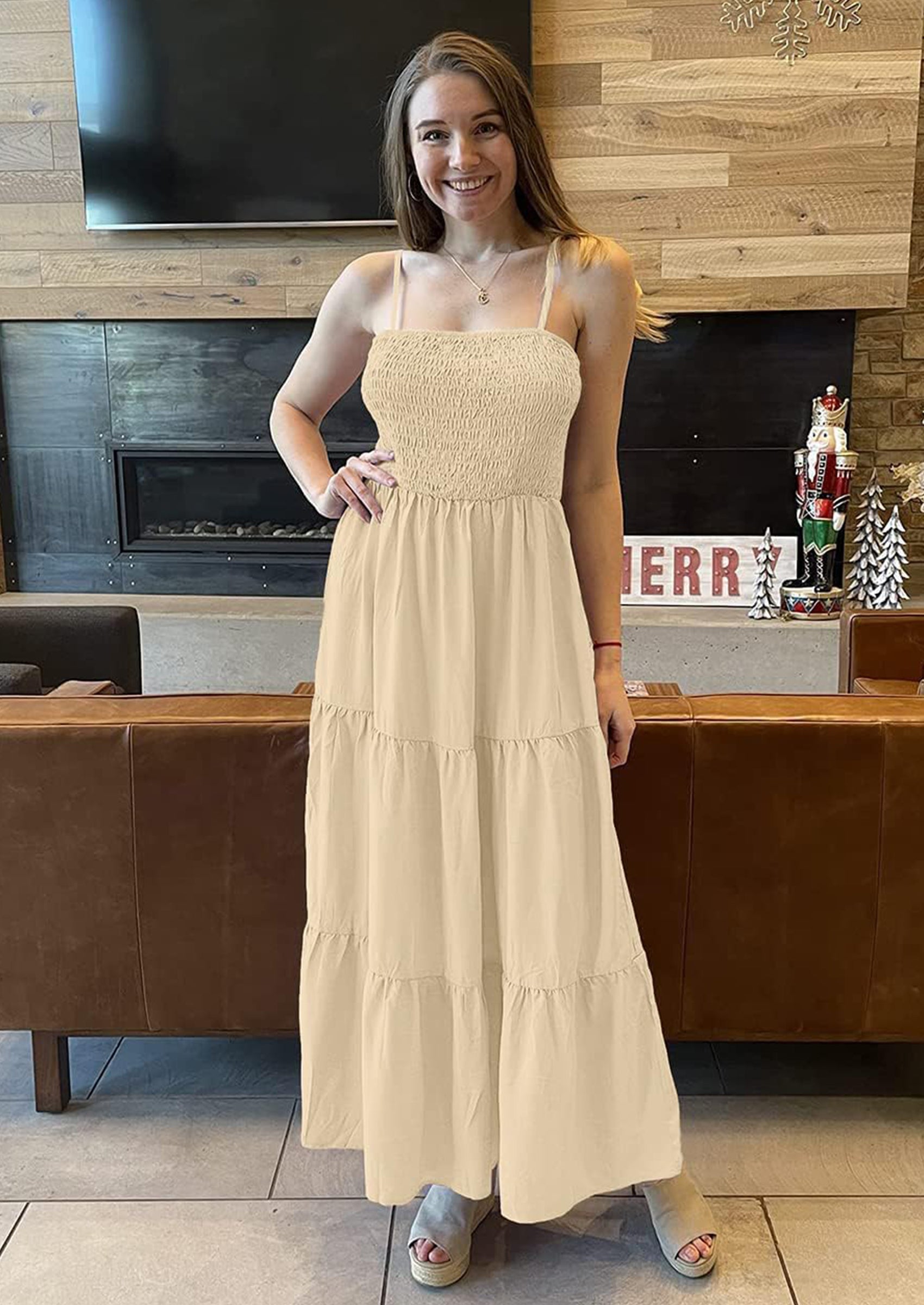 PRETTYGARDEN Women's Summer Maxi Dress Casual Boho Sleeveless Spaghetti Strap Smocked Tiered Long Beach Sundresses