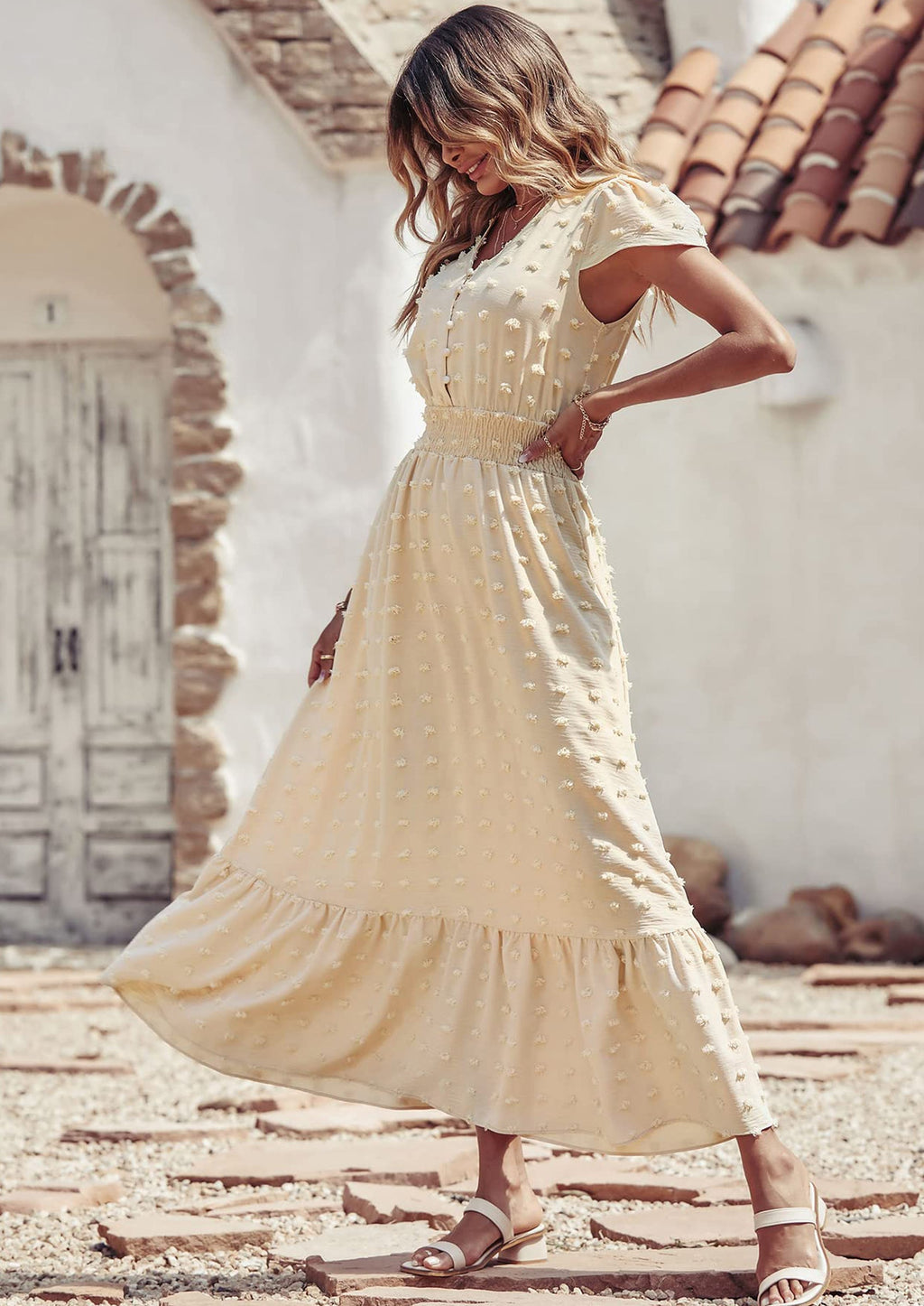PRETTYGARDEN Womens Dresses Summer Maxi Dress Boho Short Sleeve V Neck Swiss Dot Ruffle Tiered Smocked Flowy Long Dress