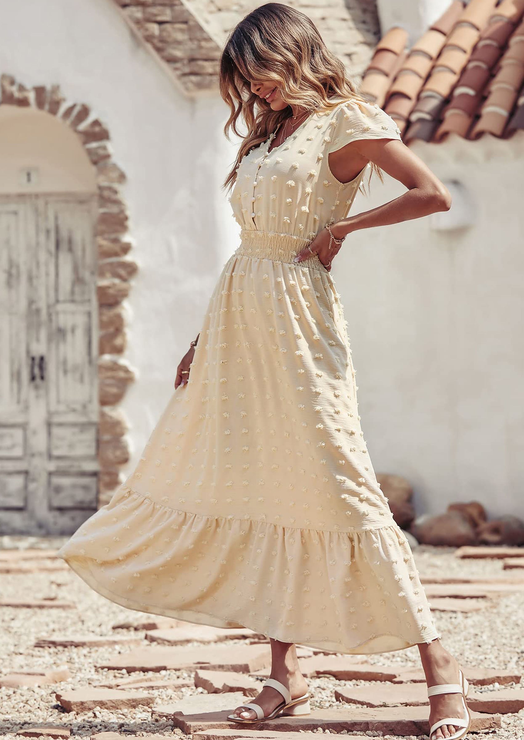PRETTYGARDEN Womens Dresses Summer Maxi Dress Boho Short Sleeve V Neck Swiss Dot Ruffle Tiered Smocked Flowy Long Dress