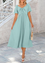 PRETTYGARDEN Summer Dress for Women Casual Short Sleeve Bow Tie V Neck Ruffle Midi Flowy Dresses