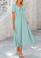 PRETTYGARDEN Summer Dress for Women Casual Short Sleeve Bow Tie V Neck Ruffle Midi Flowy Dresses