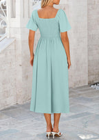 PRETTYGARDEN Summer Dress for Women Casual Short Sleeve Bow Tie V Neck Ruffle Midi Flowy Dresses