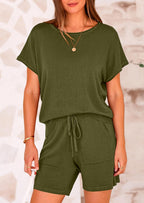 PRETTYGARDEN Two Piece Set for Women Summer Lounge Sets Shorts And Short Sleeve Tops Knitted Matching Travel Spring Outfits