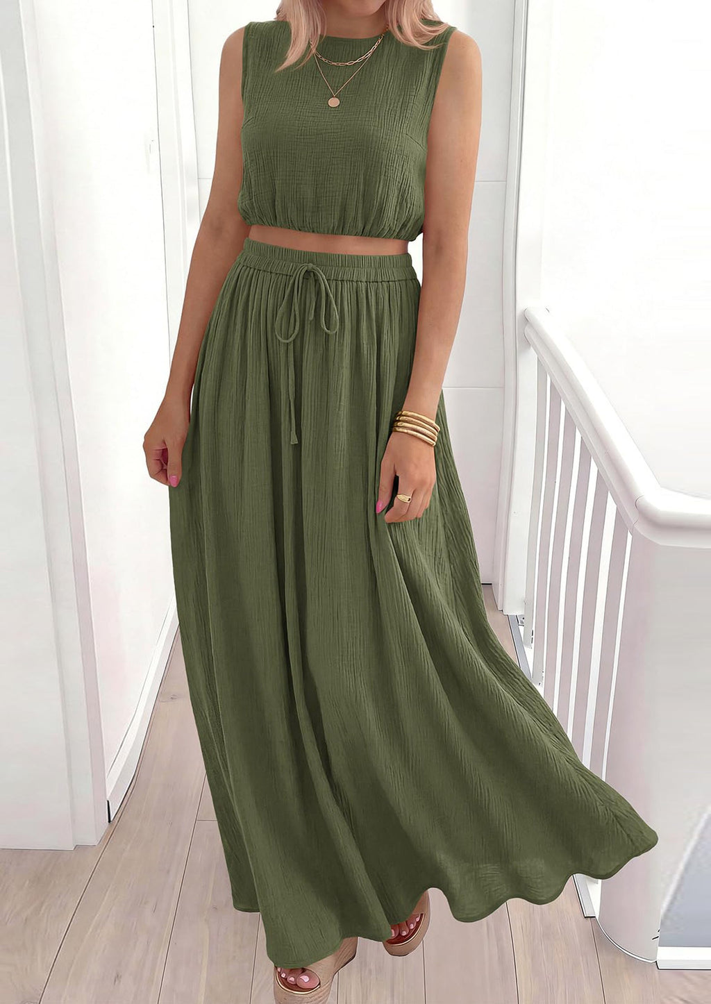 PRETTYGARDEN 2 Piece Sets for Women Summer Outfits Fashion Cotton Sleeveless Crop Top Long Maxi Skirt Set with Pockets