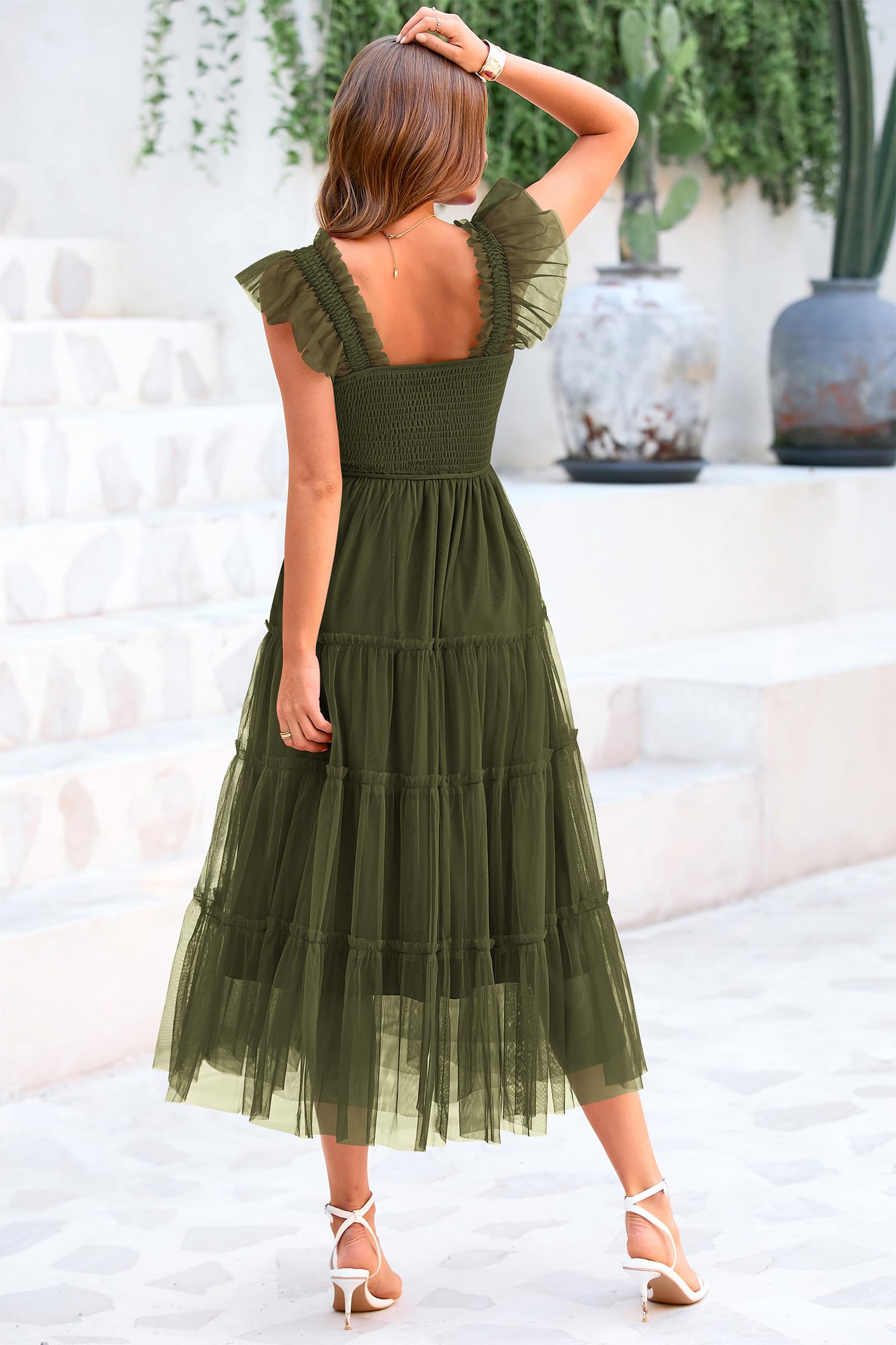 PRETTYGARDEN Women's Tulle Midi Dress Sleeveless Smocked Ruffle Mesh Flowy Dresses Party Wedding Guest Sundress