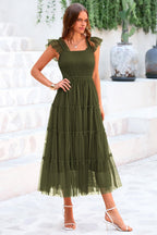 PRETTYGARDEN Women's Tulle Midi Dress Sleeveless Smocked Ruffle Mesh Flowy Dresses Party Wedding Guest Sundress