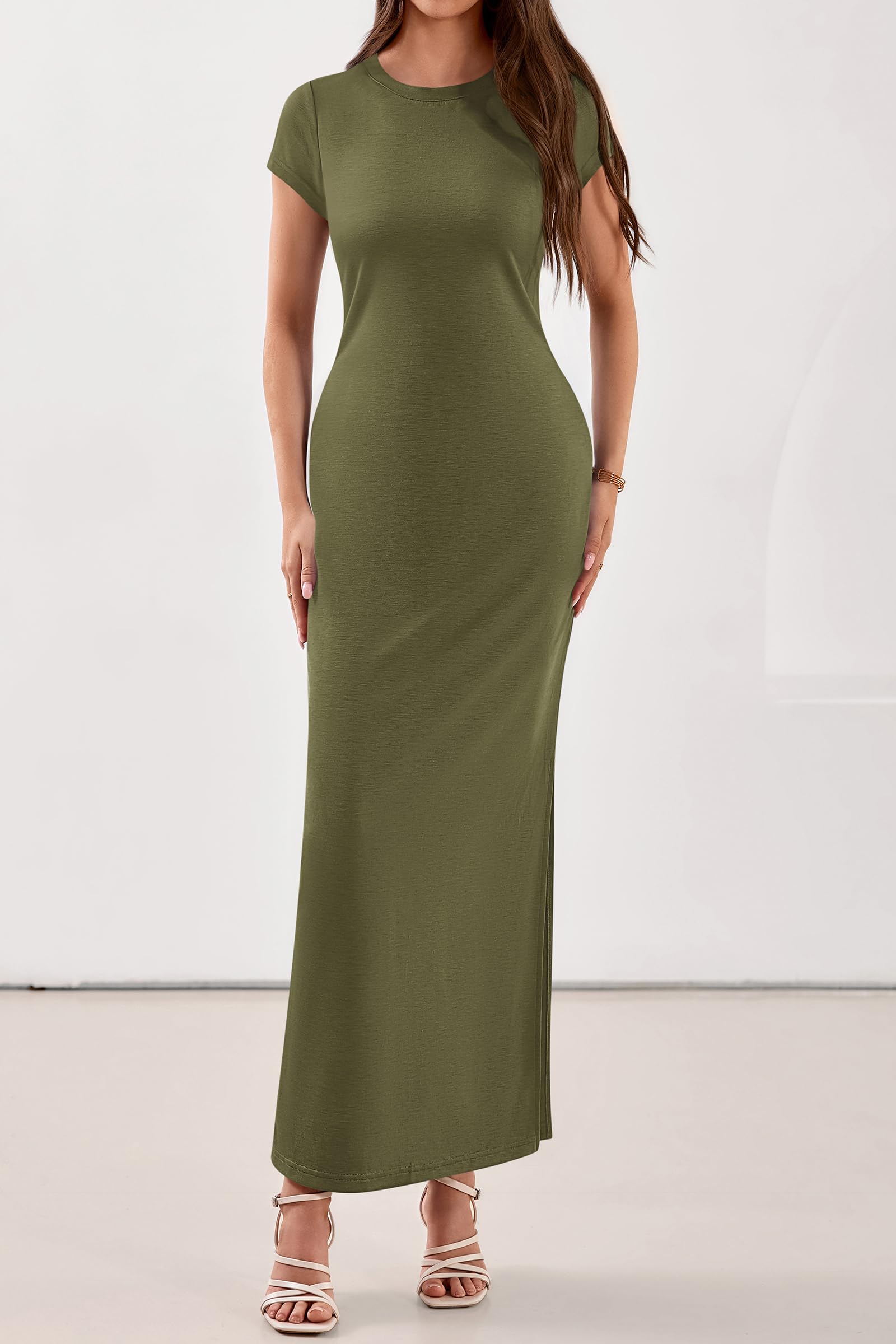 PRETTYGARDEN Womens Summer Maxi Dresses Casual Short Sleeve Crewneck Knit Slit T Shirt Dress Spring Long Beach Sundress