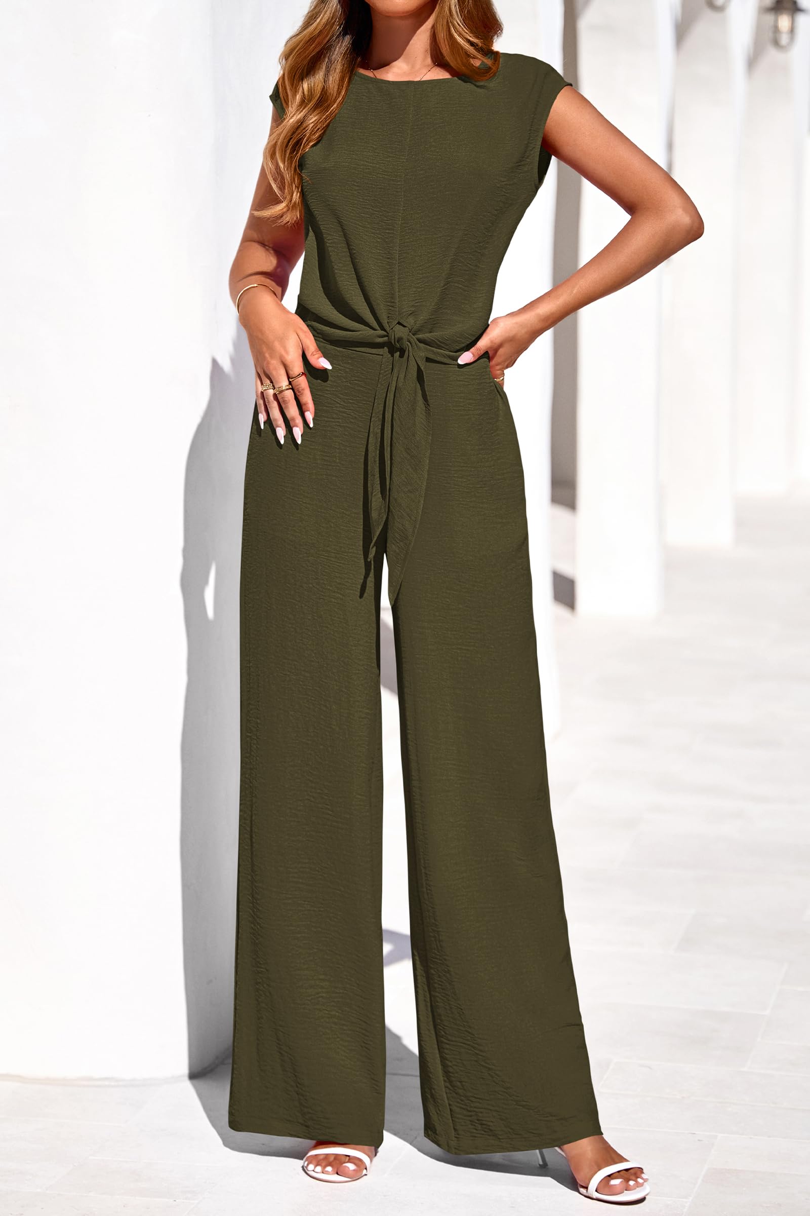 PRETTYGARDEN Women 2 Piece Lounge Sets Casual Summer Outfits Cap Sleeve Strappy Crop Tops Wide Leg Pant Tracksuit