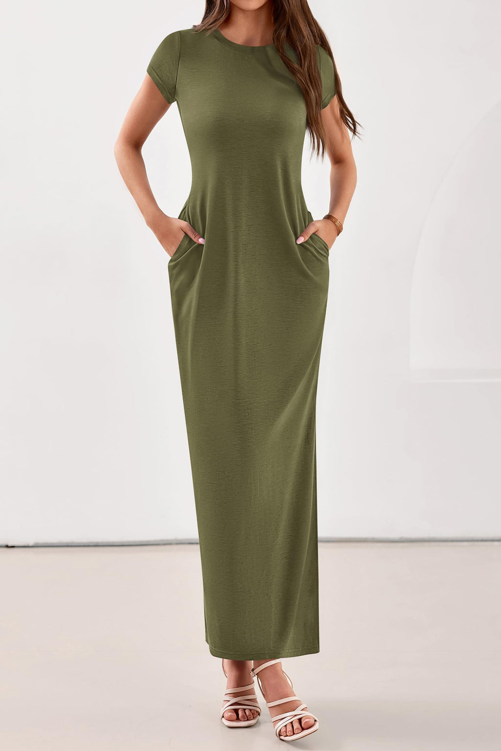PRETTYGARDEN Womens Summer Maxi Dresses Casual Short Sleeve Crewneck Knit Slit T Shirt Dress Spring Long Beach Sundress