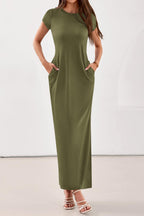 PRETTYGARDEN Womens Summer Maxi Dresses Casual Short Sleeve Crewneck Knit Slit T Shirt Dress Spring Long Beach Sundress