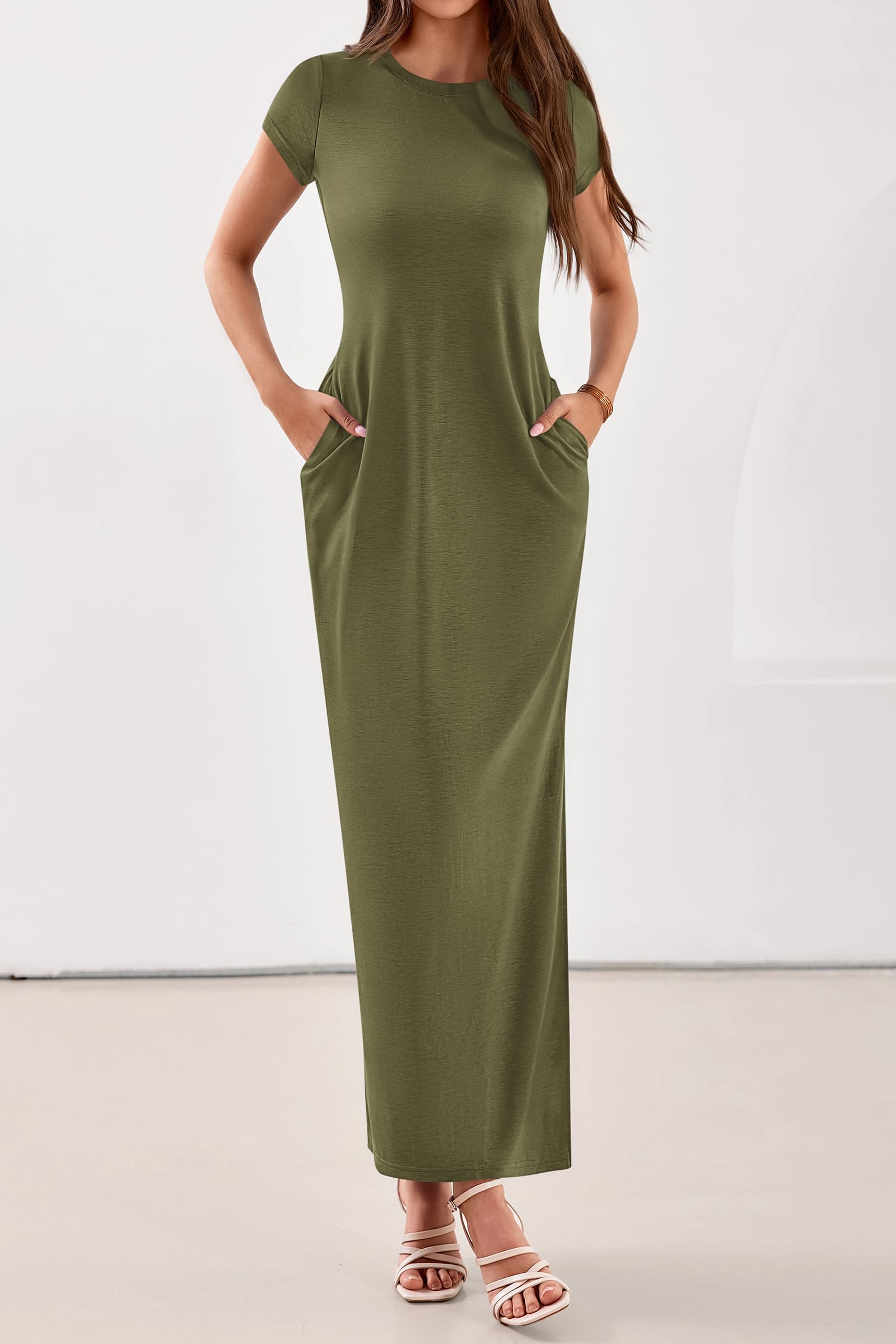 PRETTYGARDEN Womens Summer Maxi Dresses Casual Short Sleeve Crewneck Knit Slit T Shirt Dress Spring Long Beach Sundress