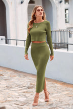 PRETTYGARDEN Women's Spring Fall 2 Piece Sweater Set Rib Knit Long Sleeve Crop Top Maxi Bodycon Skirt Casual Winter Outfits