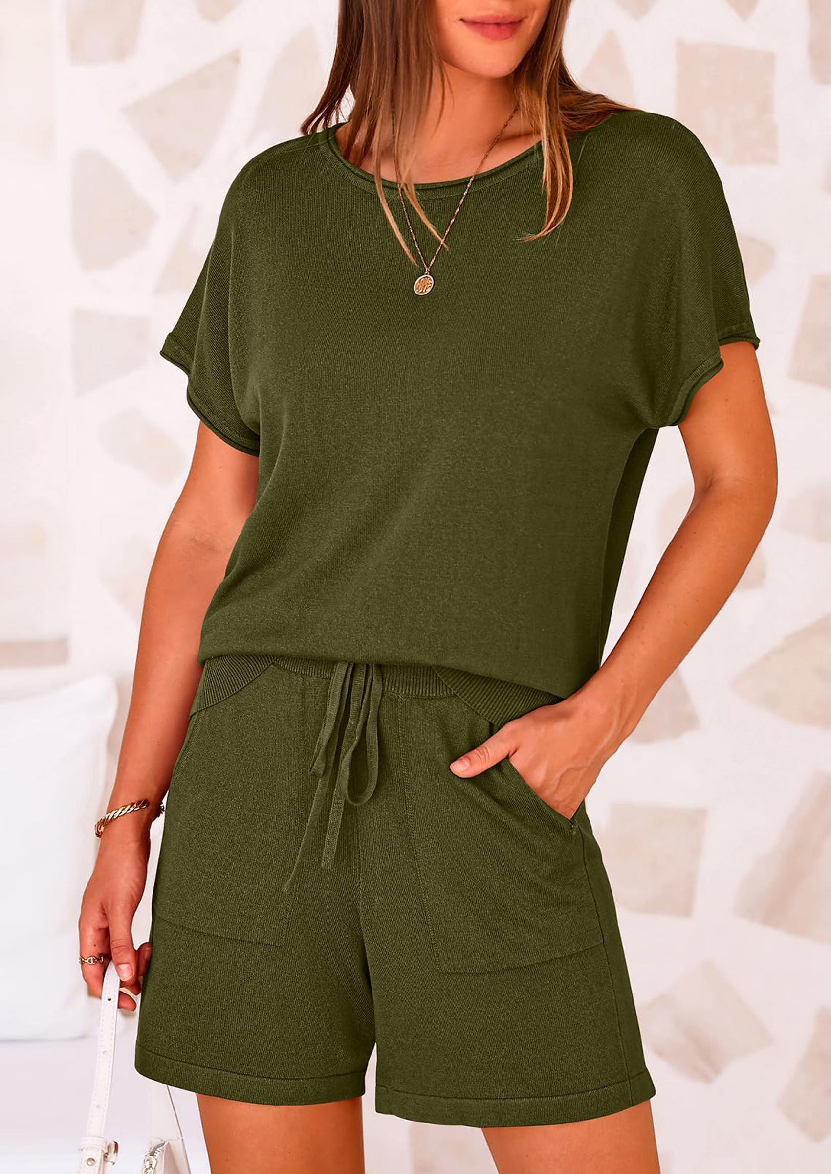 PRETTYGARDEN Two Piece Set for Women Summer Lounge Sets Shorts And Short Sleeve Tops Knitted Matching Travel Spring Outfits