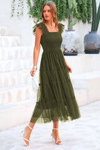 PRETTYGARDEN Women's Tulle Midi Dress Sleeveless Smocked Ruffle Mesh Flowy Dresses Party Wedding Guest Sundress