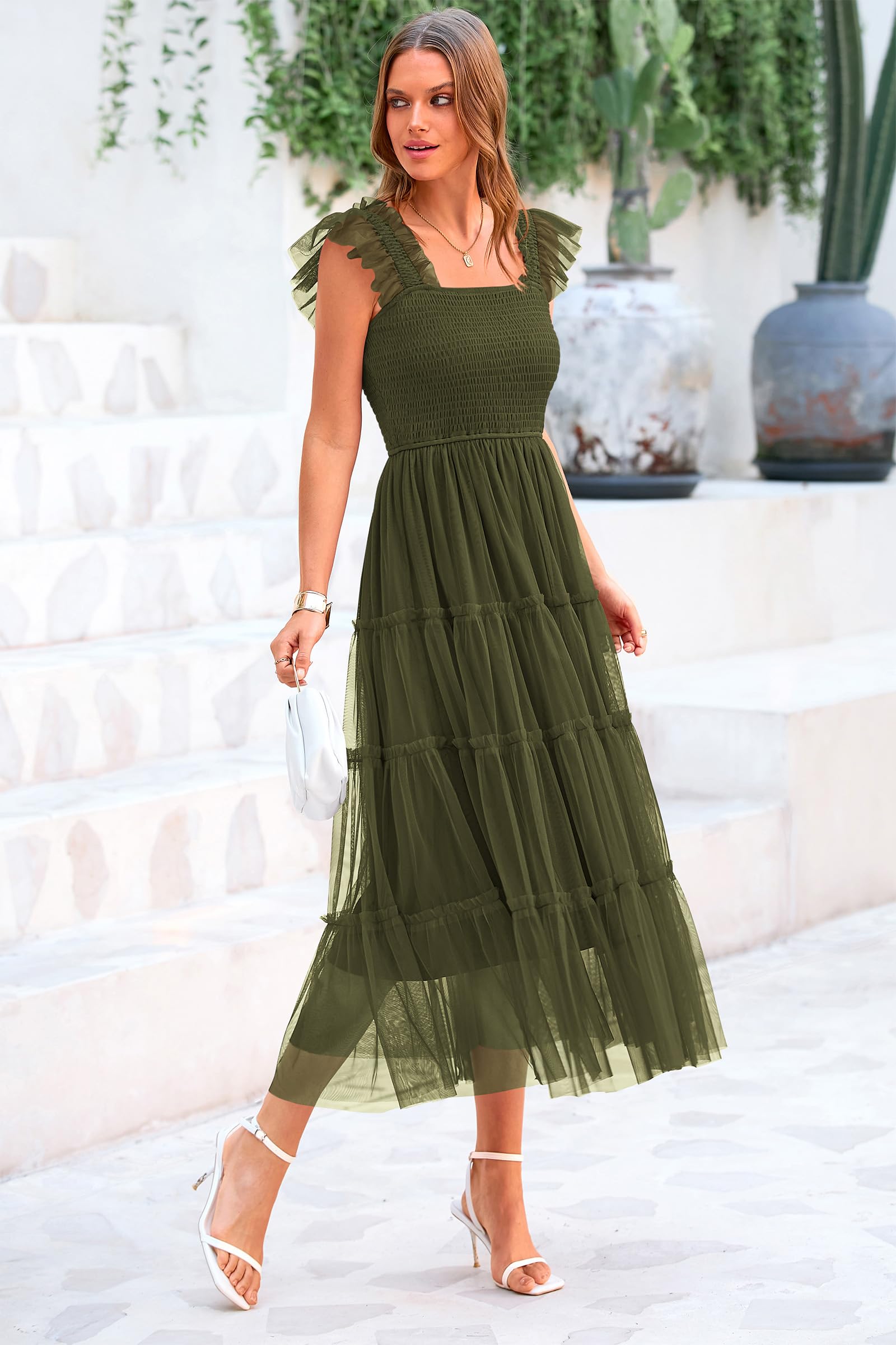 PRETTYGARDEN Women's Tulle Midi Dress Sleeveless Smocked Ruffle Mesh Flowy Dresses Party Wedding Guest Sundress