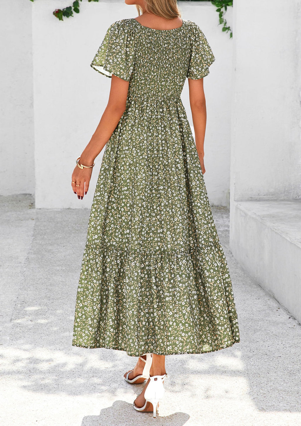 PRETTYGARDEN Women Floral Boho Maxi Dresses Short Sleeve V Neck Smocked A Line Long Flowy Beach Vacation Dress