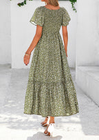 PRETTYGARDEN Women Floral Boho Maxi Dresses Short Sleeve V Neck Smocked A Line Long Flowy Beach Vacation Dress
