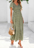 PRETTYGARDEN Women Floral Boho Maxi Dresses Short Sleeve V Neck Smocked A Line Long Flowy Beach Vacation Dress