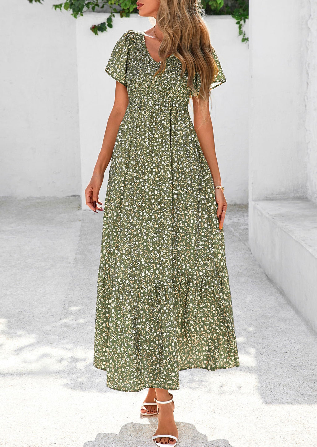 PRETTYGARDEN Women Floral Boho Maxi Dresses Short Sleeve V Neck Smocked A Line Long Flowy Beach Vacation Dress