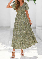 PRETTYGARDEN Women Floral Boho Maxi Dresses Short Sleeve V Neck Smocked A Line Long Flowy Beach Vacation Dress