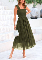PRETTYGARDEN Women's Tulle Midi Dress Sleeveless Smocked Ruffle Mesh Flowy Dresses Party Wedding Guest Sundress