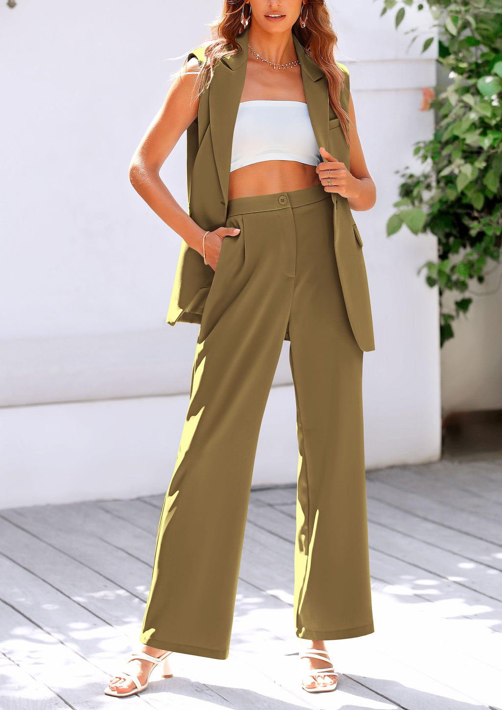 PRETTYGARDEN Women's 2 Piece Outfits Sleeveless Suit Vest and Wide Leg Pants Business Casual Blazer Sets