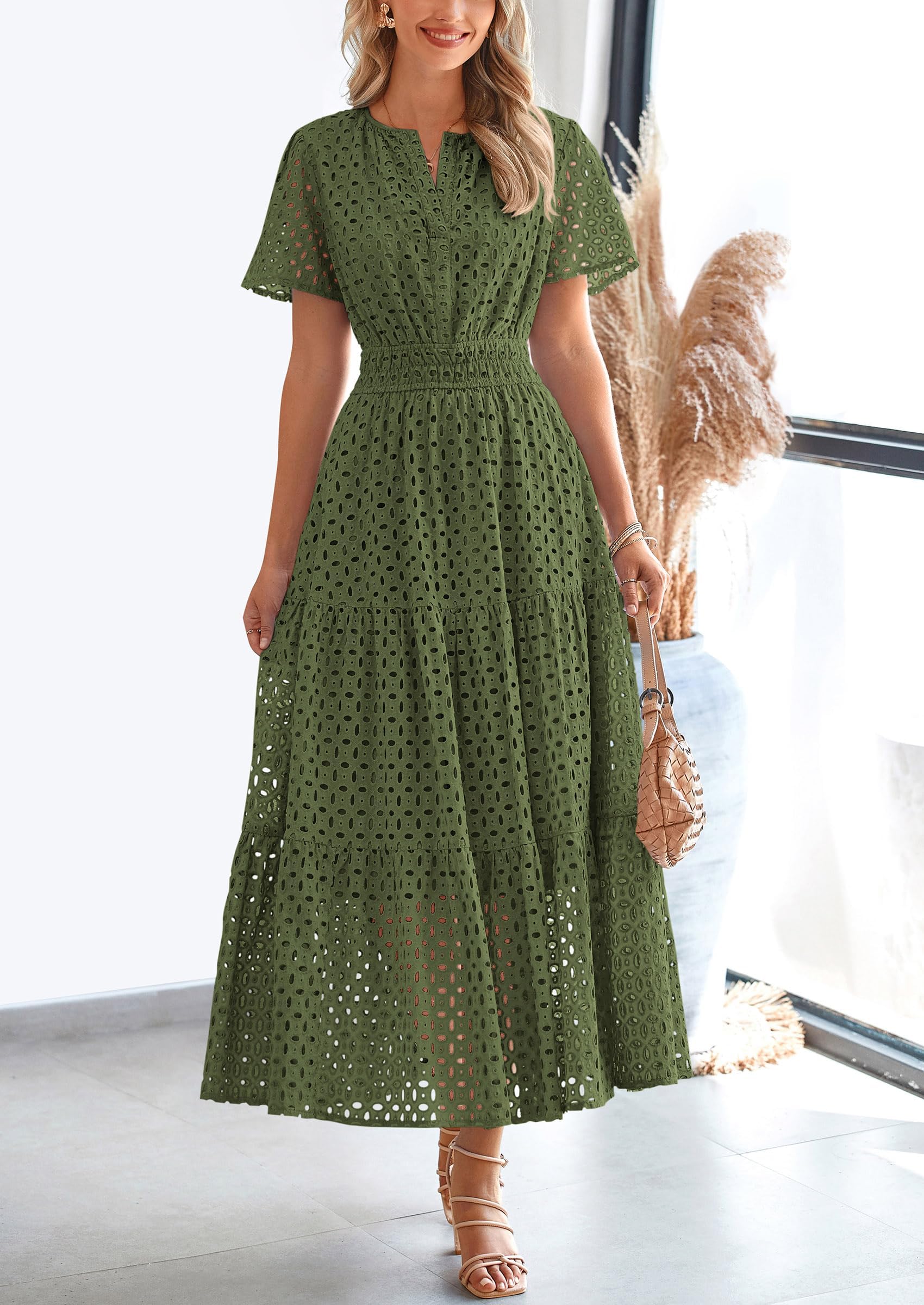 PRETTYGARDEN Womens Maxi Dress Short Sleeve V Neck Hollow Out Eyelet A Line Long Flowy Beach Vacation Dresses