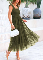 PRETTYGARDEN Women's Tulle Midi Dress Sleeveless Smocked Ruffle Mesh Flowy Dresses Party Wedding Guest Sundress