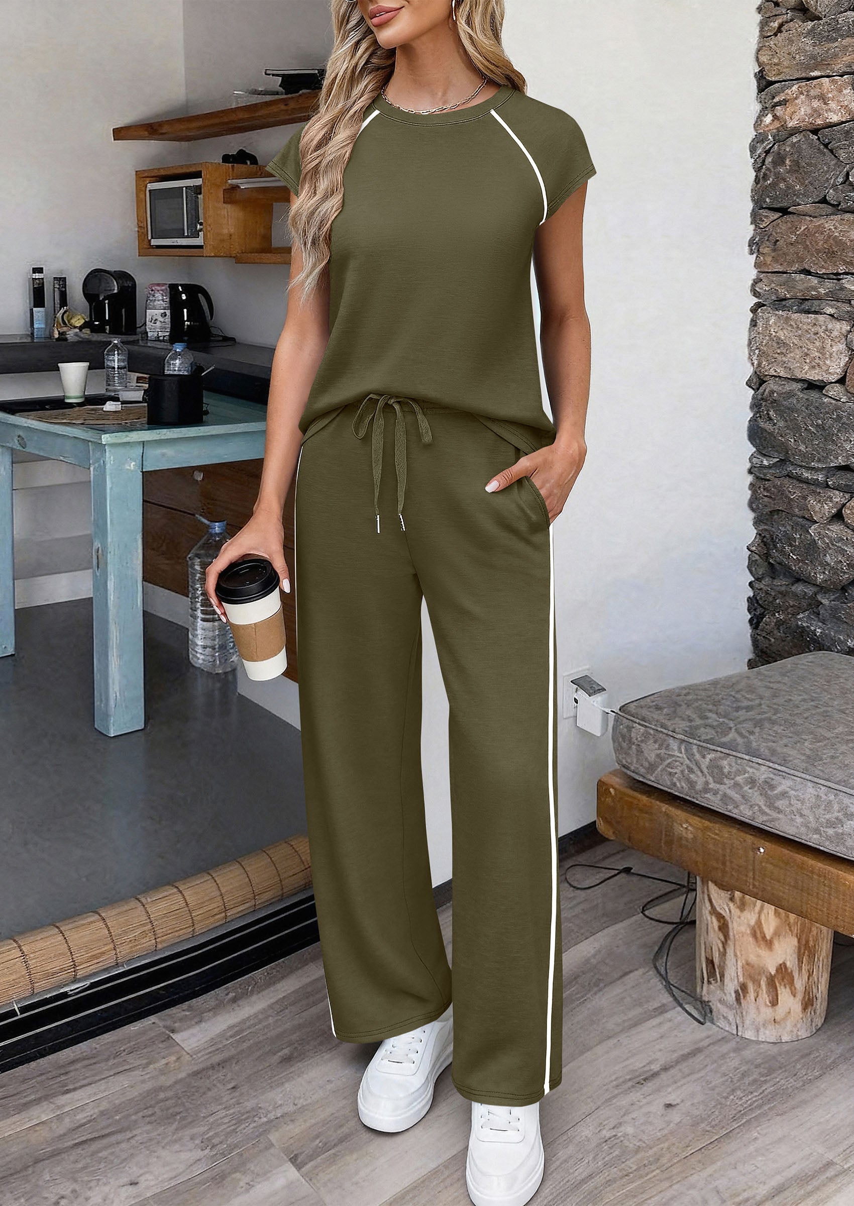 PRETTYGARDEN Women's 2 Piece Lounge Sets Summer Cap Sleeve Tops Wide Leg Pants Travel Outfits Matching Fashion Clothing