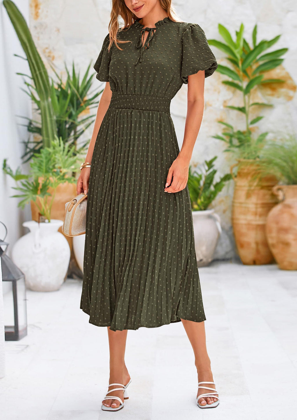 PRETTYGARDEN Womens Midi Dresses Puff Short Sleeve V Neck Swiss Dot Pleated A Line Flowy Long Wedding Guest Dress