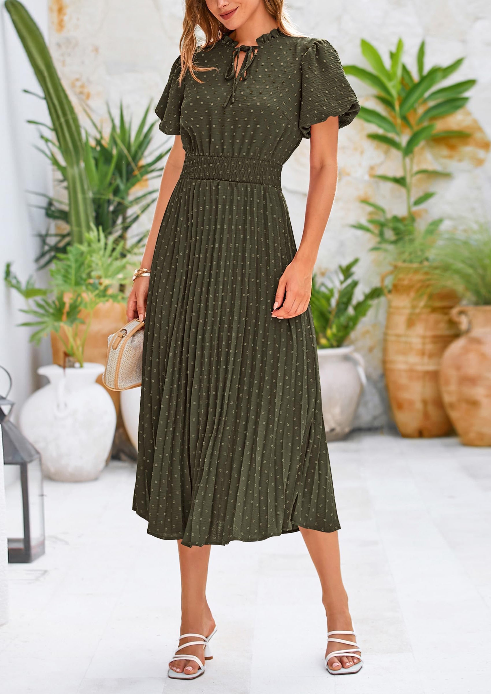 PRETTYGARDEN Womens Midi Dresses Puff Short Sleeve V Neck Swiss Dot Pleated A Line Flowy Long Wedding Guest Dress