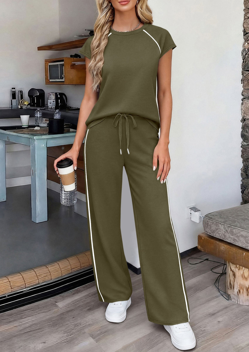 PRETTYGARDEN Women's 2 Piece Lounge Sets Summer Cap Sleeve Tops Wide Leg Pants Travel Outfits Matching Fashion Clothing