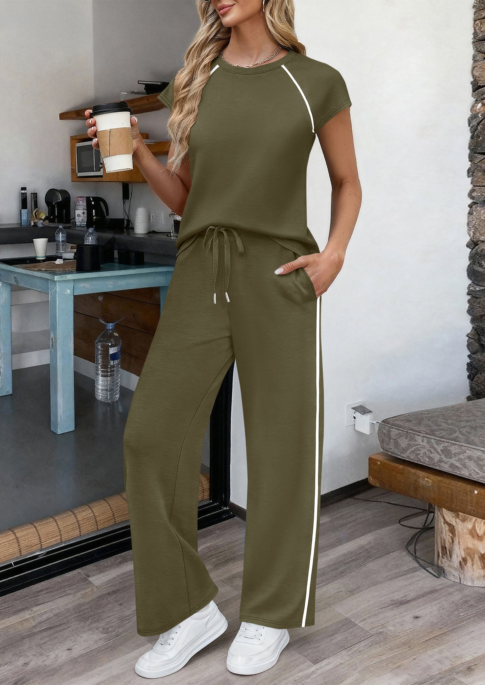 PRETTYGARDEN Women's 2 Piece Lounge Sets Summer Cap Sleeve Tops Wide Leg Pants Travel Outfits Matching Fashion Clothing