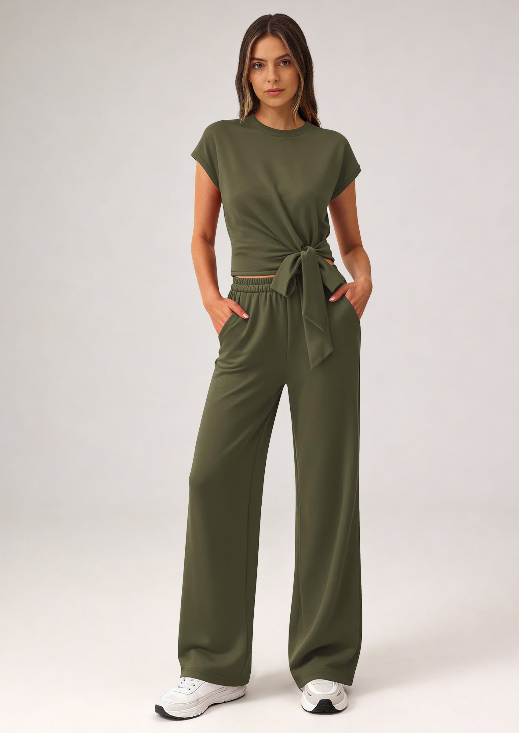 PRETTYGARDEN 2 Piece Matching Lounge Sets For Women Summer Short Sleeve Tie Front Crop Tops Casual Wide Leg Pants Tracksuit