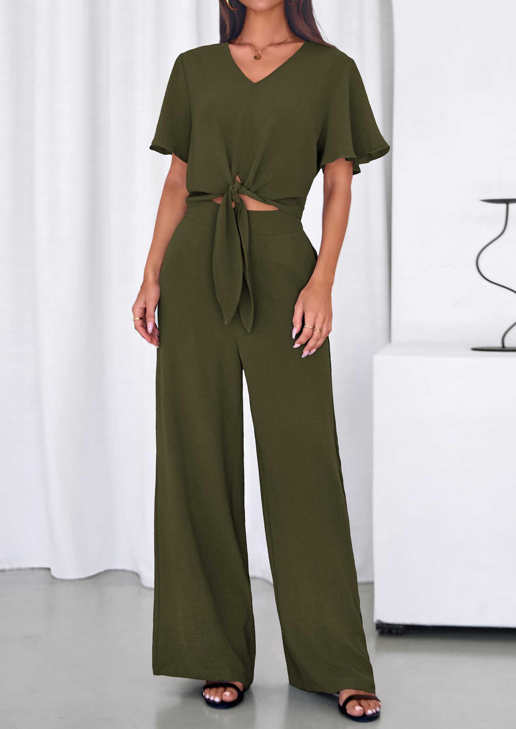 PRETTYGARDEN Women 2 Piece Summer Outfits Short Sleeve Strappy Top Wide Leg Pants Tracksuit Lounge Sets Beach Clothes