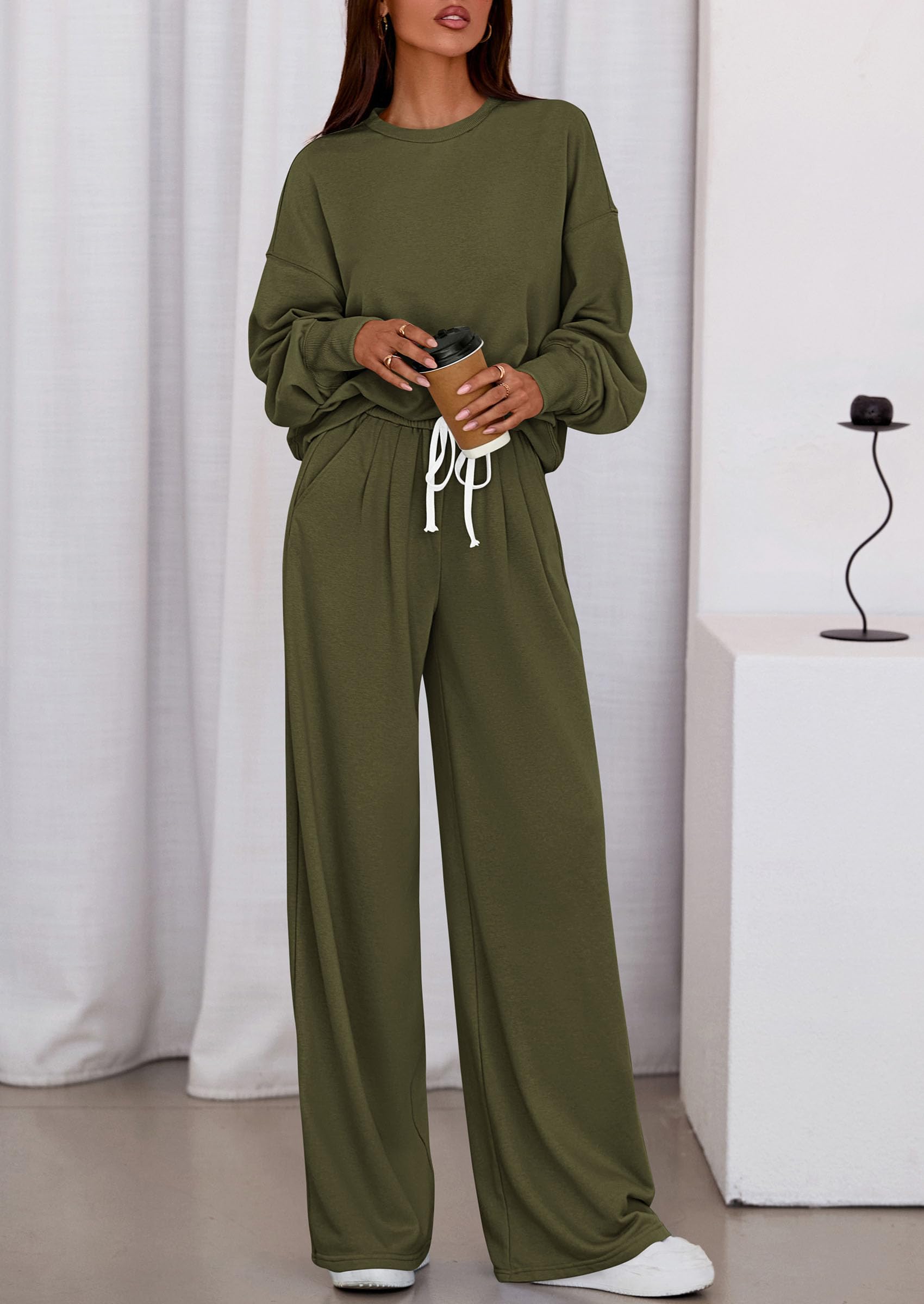 PRETTYGARDEN Womens 2 Piece Sets Long Sleeve Sweatshirt Wide Leg Pants Loose Matching Lounge Set Trendy Fall Outfits