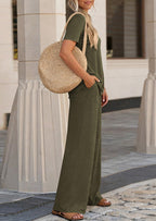PRETTYGARDEN Summer Lounge Sets for Women 2 Piece Short Sleeve Crewneck Cute Tops and Wide Leg Pants with Pockets Pj Set