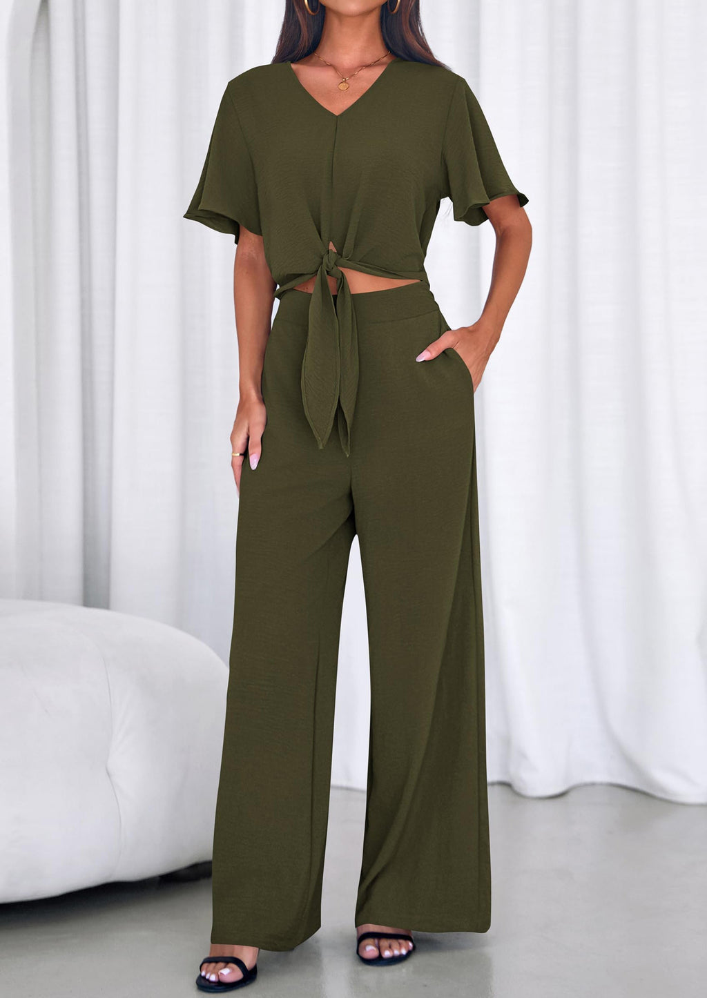 PRETTYGARDEN Women 2 Piece Summer Outfits Short Sleeve Strappy Top Wide Leg Pants Tracksuit Lounge Sets Beach Clothes