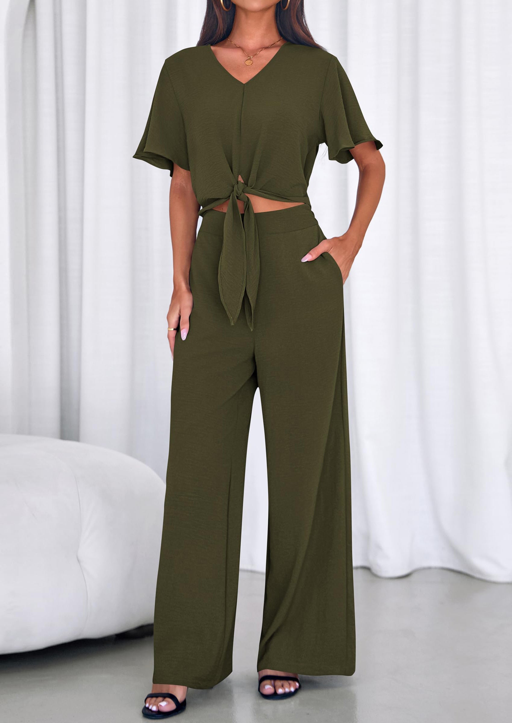 PRETTYGARDEN Women 2 Piece Summer Outfits Short Sleeve Strappy Top Wide Leg Pants Tracksuit Lounge Sets Beach Clothes