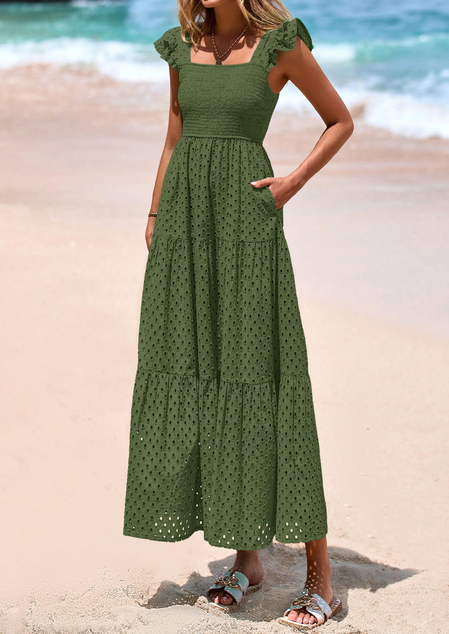 PRETTYGARDEN Womens Square Neck Maxi Dresses Cap Sleeve Eyelet Smocked Tiered A Line Flowy Long Dress with Pockets