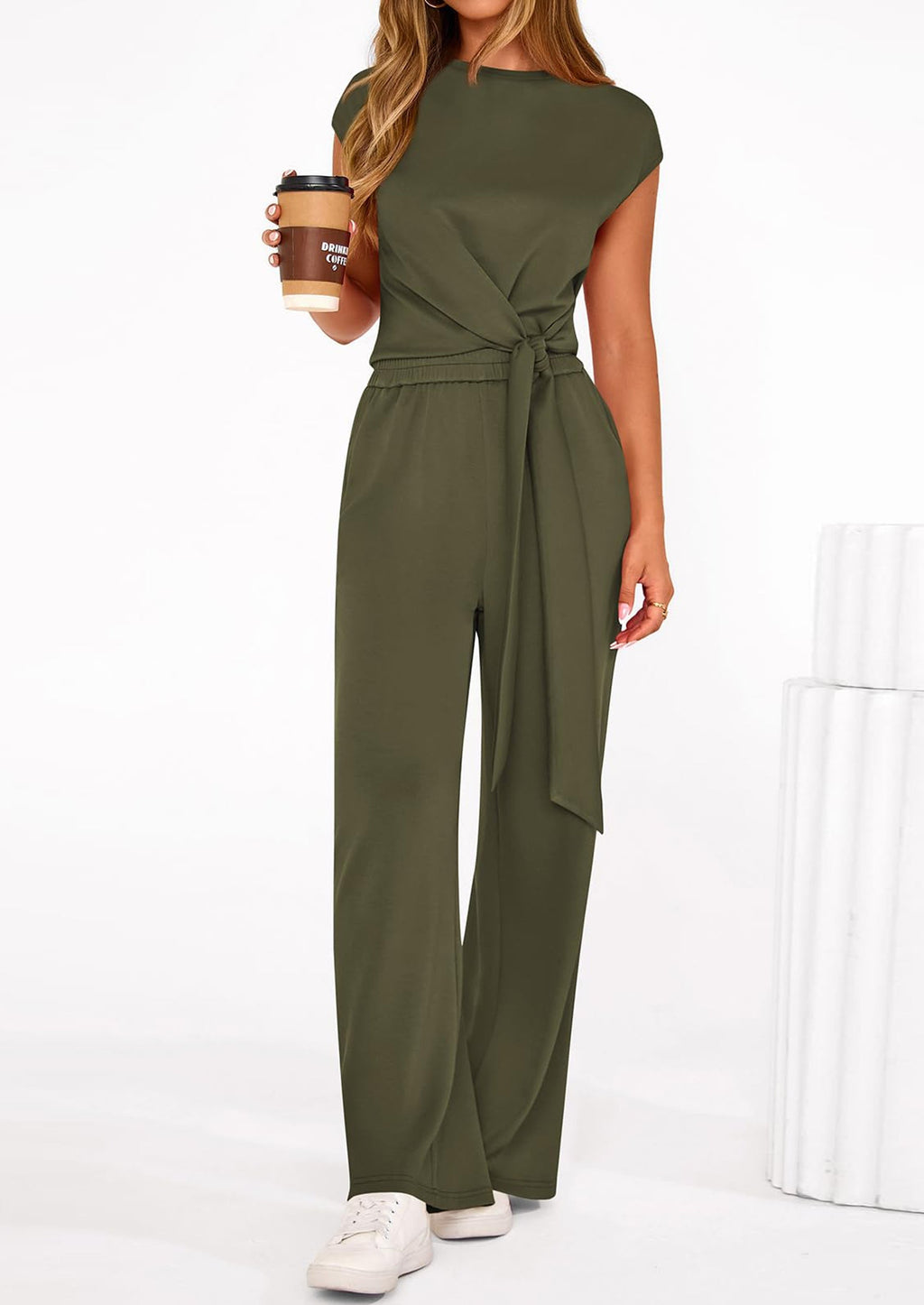 PRETTYGARDEN 2 Piece Matching Lounge Sets For Women Summer Short Sleeve Tie Front Crop Tops Casual Wide Leg Pants Tracksuit
