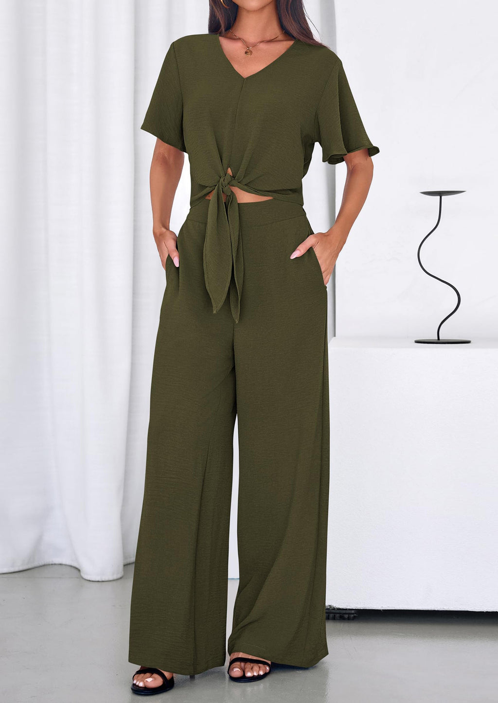 PRETTYGARDEN Women 2 Piece Summer Outfits Short Sleeve Strappy Top Wide Leg Pants Tracksuit Lounge Sets Beach Clothes
