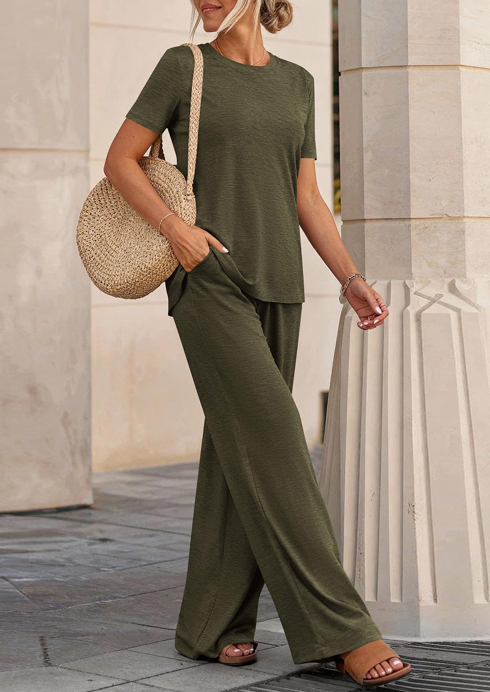 PRETTYGARDEN Summer Lounge Sets for Women 2 Piece Short Sleeve Crewneck Cute Tops and Wide Leg Pants with Pockets Pj Set