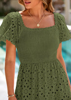 PRETTYGARDEN Dresses for Women Eyelet Square Neck Puff Sleeve Smocked Wedding Guest Maxi Dress with Pockets