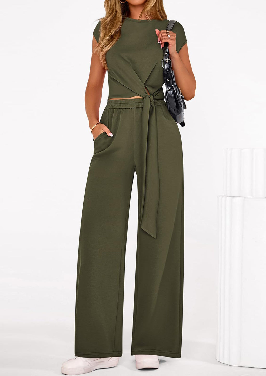 PRETTYGARDEN 2 Piece Matching Lounge Sets For Women Summer Short Sleeve Tie Front Crop Tops Casual Wide Leg Pants Tracksuit