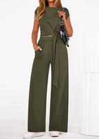 PRETTYGARDEN 2 Piece Matching Lounge Sets For Women Summer Short Sleeve Tie Front Crop Tops Casual Wide Leg Pants Tracksuit